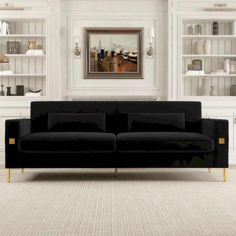 Black 85.63 Velvet 3-Seater Sofa with Gold Accents