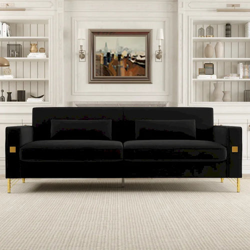 Black 85.63 Velvet 3-Seater Sofa with Gold Accents
