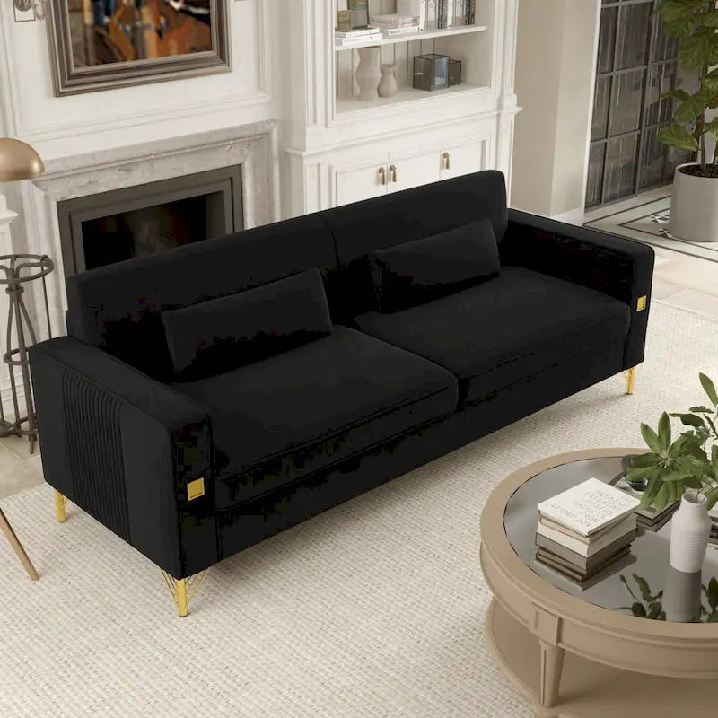 Black 85.63 Velvet 3-Seater Sofa with Gold Accents
