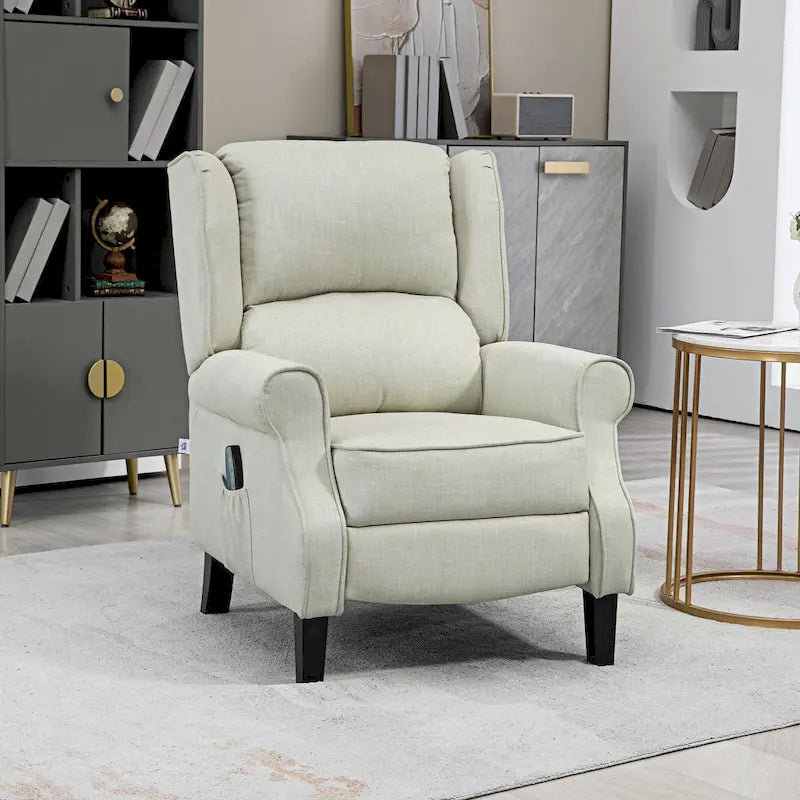 White Linen Wingback Recliner with Vibration Massage, Heat, Footrest