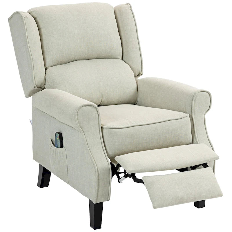 White Linen Wingback Recliner with Vibration Massage, Heat, Footrest