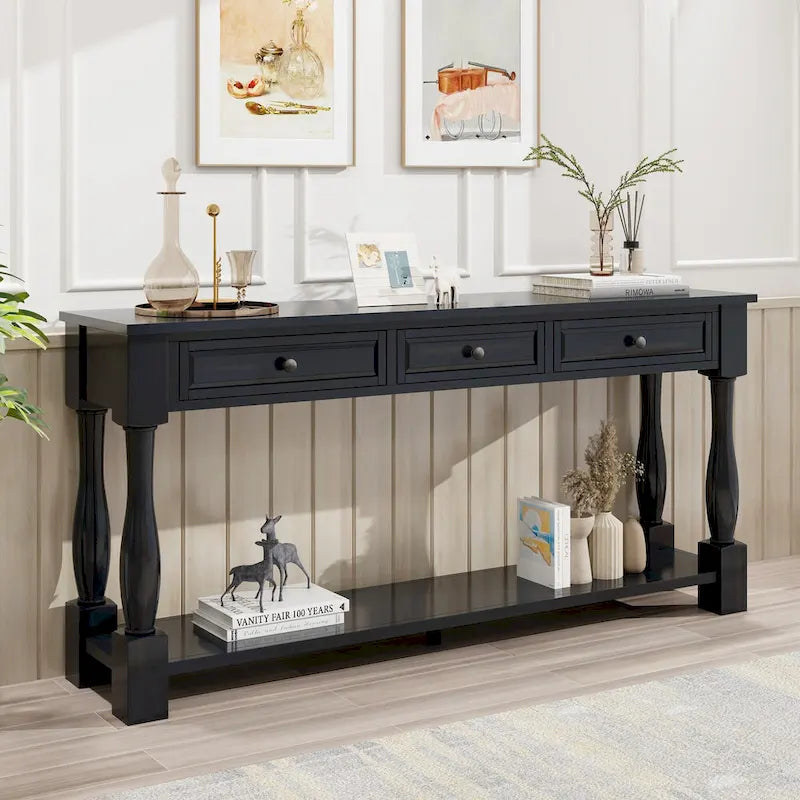 Mediterranean Console Table with 3 Storage Drawers and Open Bottom Shelf for Home Entryway and Hotel