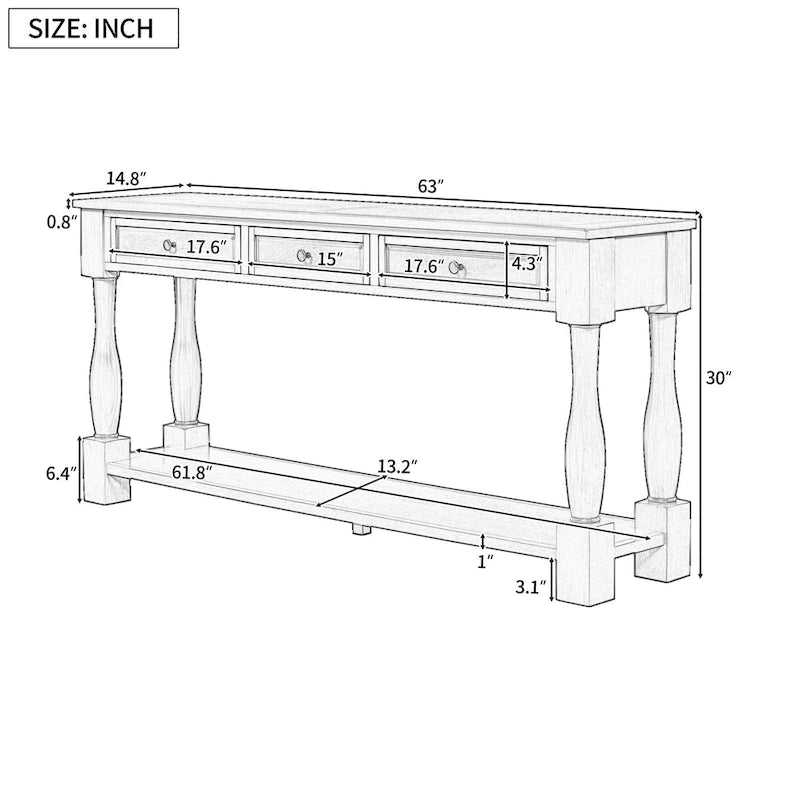 Mediterranean Console Table with 3 Storage Drawers and Open Bottom Shelf for Home Entryway and Hotel