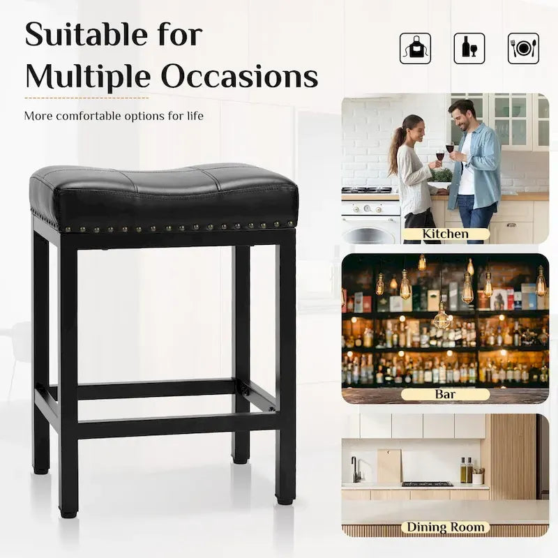24 in. H Upholated PU Leather Thick Saddle Seat Counter Bar Stools Set of 2, Kitchen Chairs with Metal Base