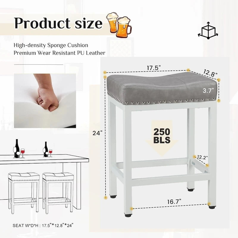 24 in. H Upholated PU Leather Thick Saddle Seat Counter Bar Stools Set of 2, Kitchen Chairs with Metal Base
