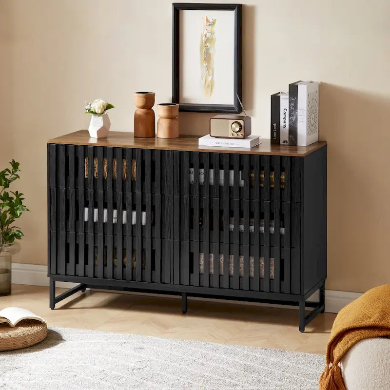 Modern Storage Cabinet with Grille Striped Doors and 6 Drawers for Living Room