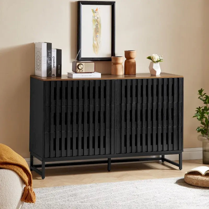 Modern Storage Cabinet with Grille Striped Doors and 6 Drawers for Living Room