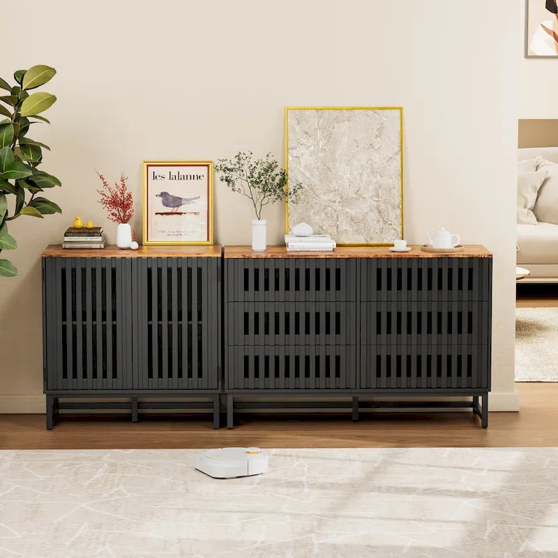 Modern Storage Cabinet with Grille Striped Doors and 6 Drawers for Living Room