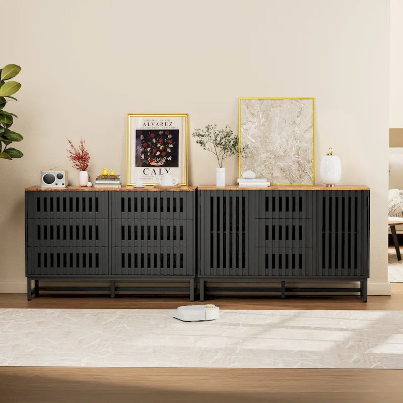 Modern Storage Cabinet with Grille Striped Doors and 6 Drawers for Living Room