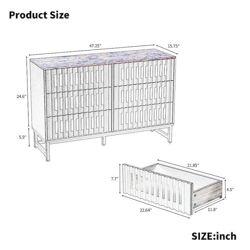 Modern Storage Cabinet with Grille Striped Doors and 6 Drawers for Living Room