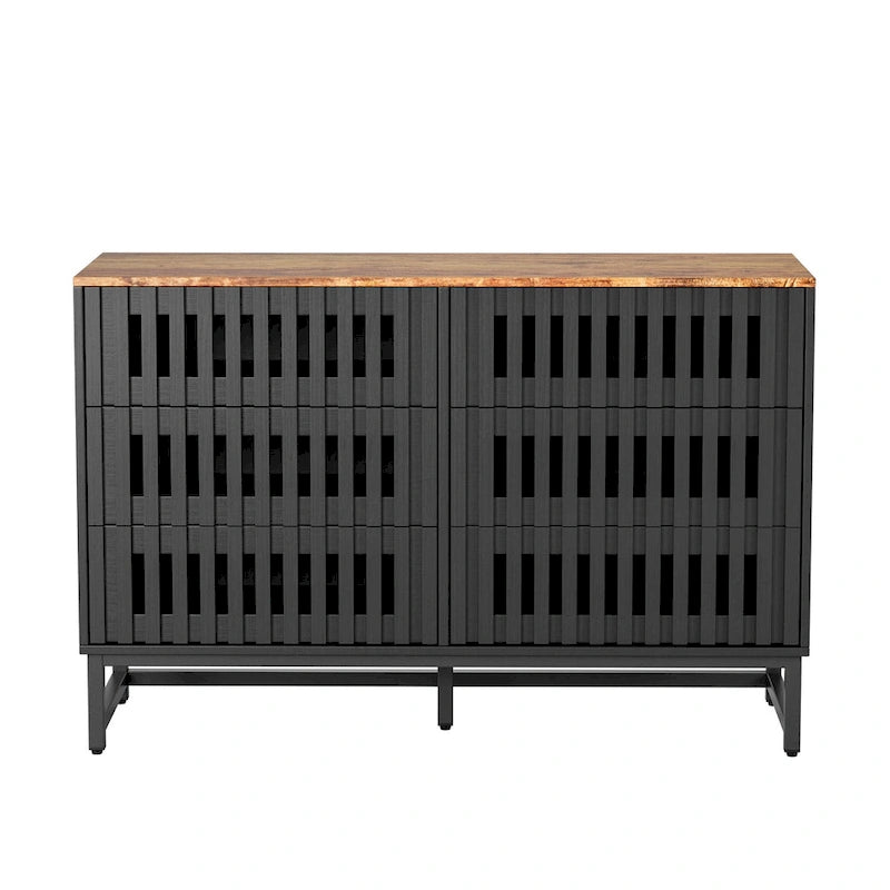 Modern Storage Cabinet with Grille Striped Doors and 6 Drawers for Living Room