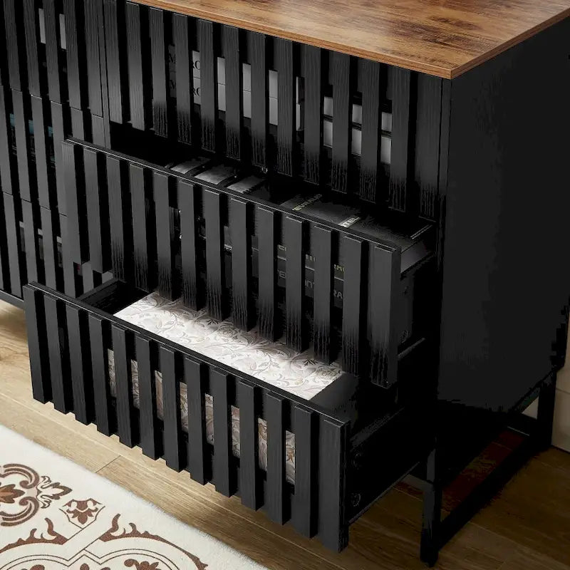 Modern Storage Cabinet with Grille Striped Doors and 6 Drawers for Living Room