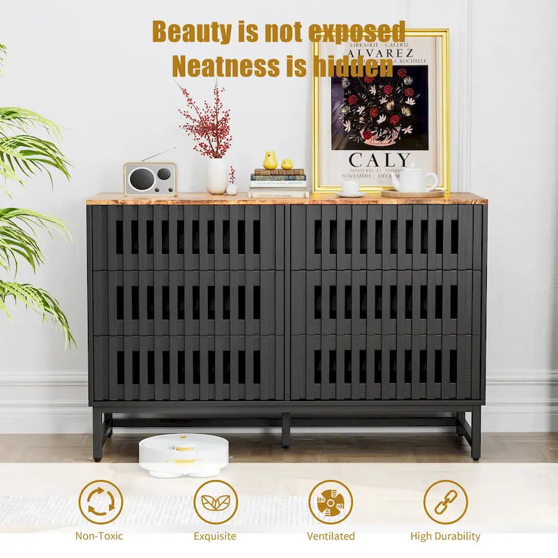 Modern Storage Cabinet with Grille Striped Doors and 6 Drawers for Living Room