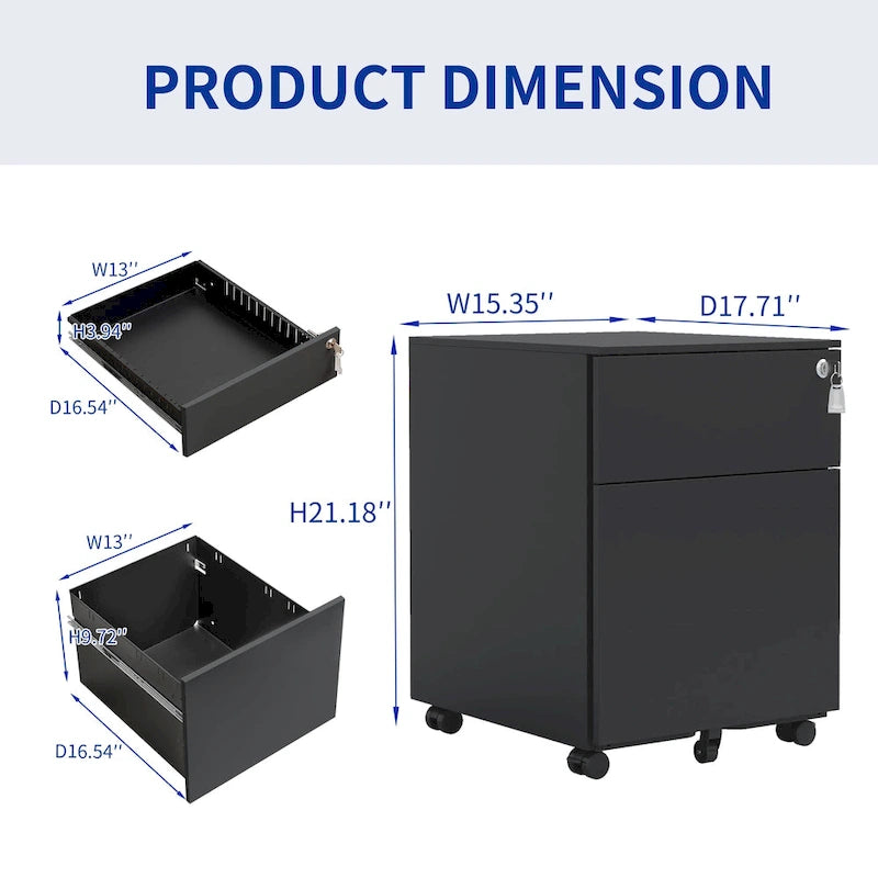 2-Drawer Mobile File Cabinet with Lock - Legal/Letter/A4/F4 Size