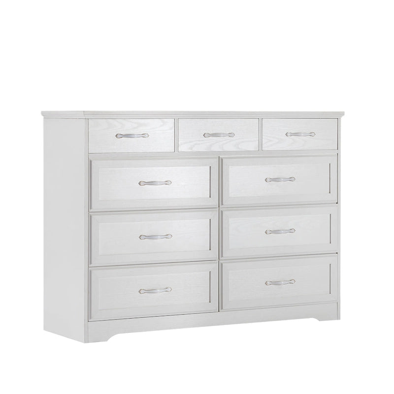 Long Wood 9-Drawer Dresser with Antique Handles