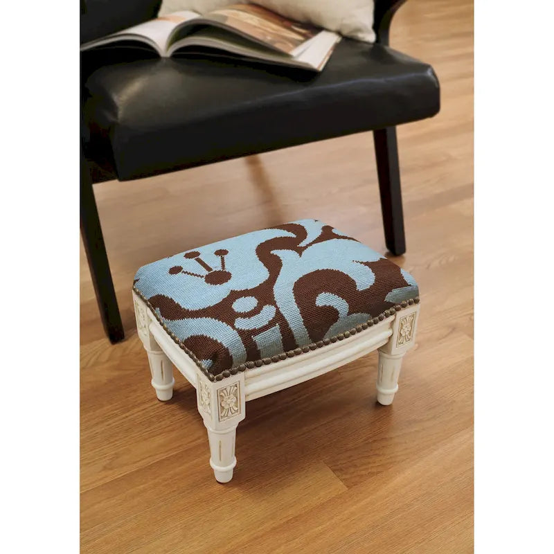 Blue and Brown Damask Floral Needlepoint Footstool