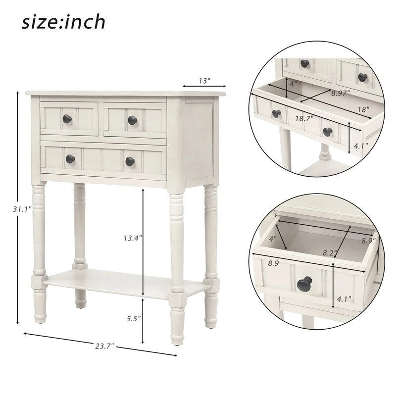 Narrow Console Table with Three Storage Drawers and Bottom Shelf