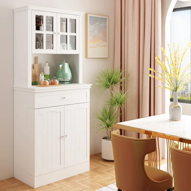 Buffet Cabinet w Hutch Kitchen Pantry Storage Cabinet White Sideboard