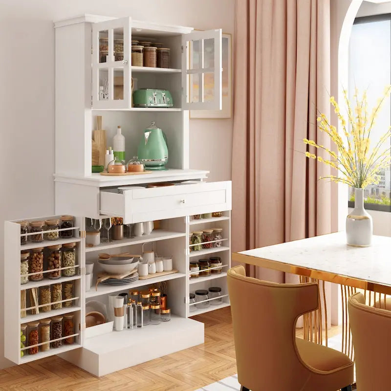 Buffet Cabinet w Hutch Kitchen Pantry Storage Cabinet White Sideboard