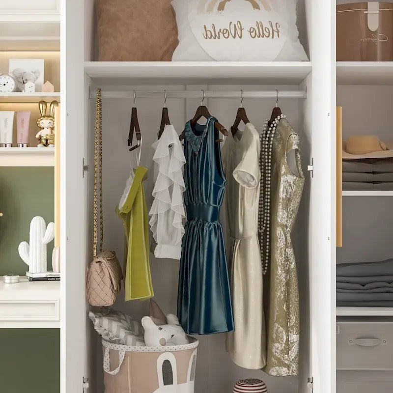 Wardrobe Armoire Wooden Closet Cabinet 6 Storage Cube and Hanging Rod