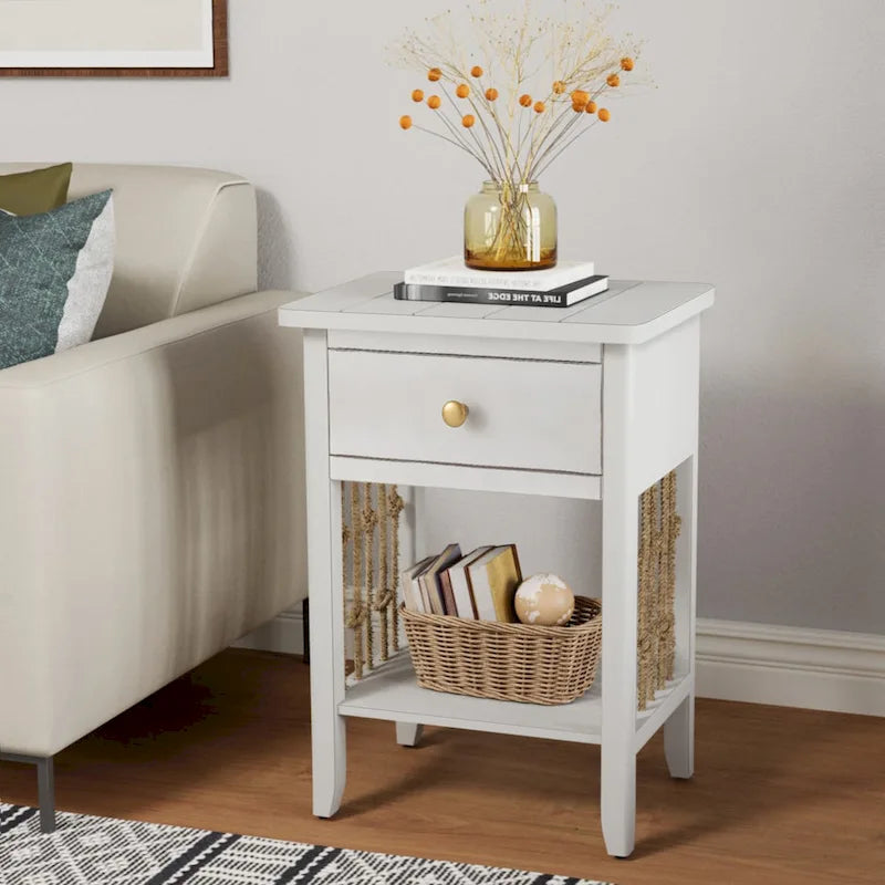 COSIEST Distressed White End Table with Drawer - 14D x 18W x 26.4H