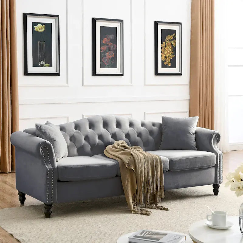 [Video] 79 Chesterfield Sofa Grey Velvet for Living Room, 3 Seater Sofa Tufted Couch with Rolled Arms and Nailhead for Living R