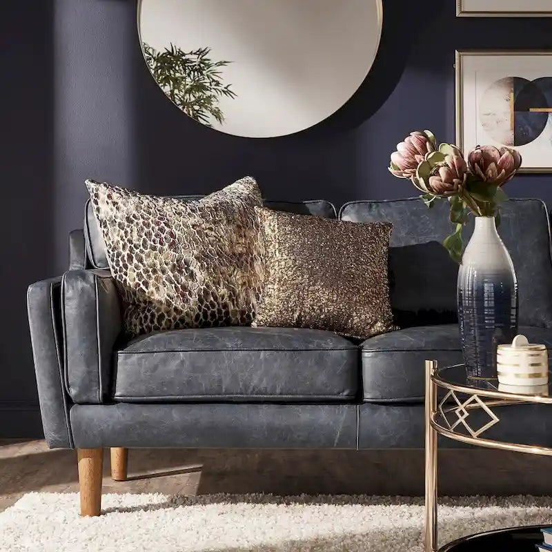 Blue Oxford Leather Sofa - 3-Seater Mid-Century Style