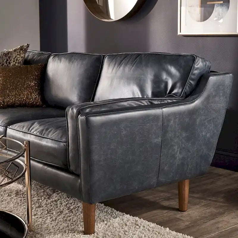 Blue Oxford Leather Sofa - 3-Seater Mid-Century Style