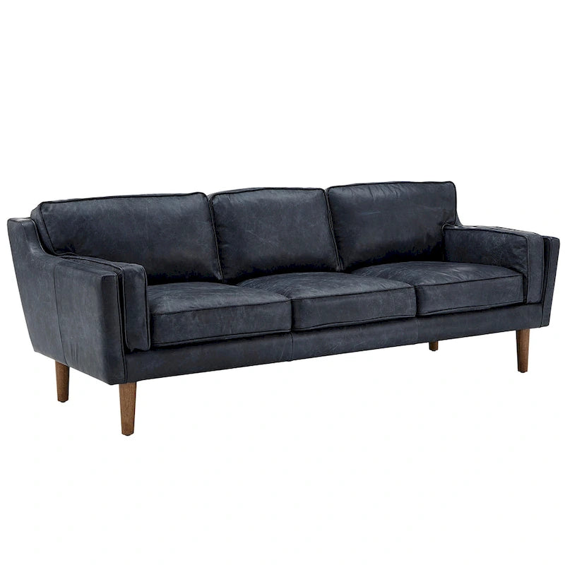 Blue Oxford Leather Sofa - 3-Seater Mid-Century Style