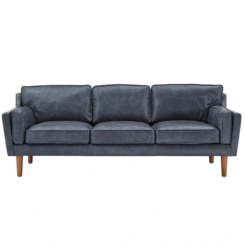 Blue Oxford Leather Sofa - 3-Seater Mid-Century Style