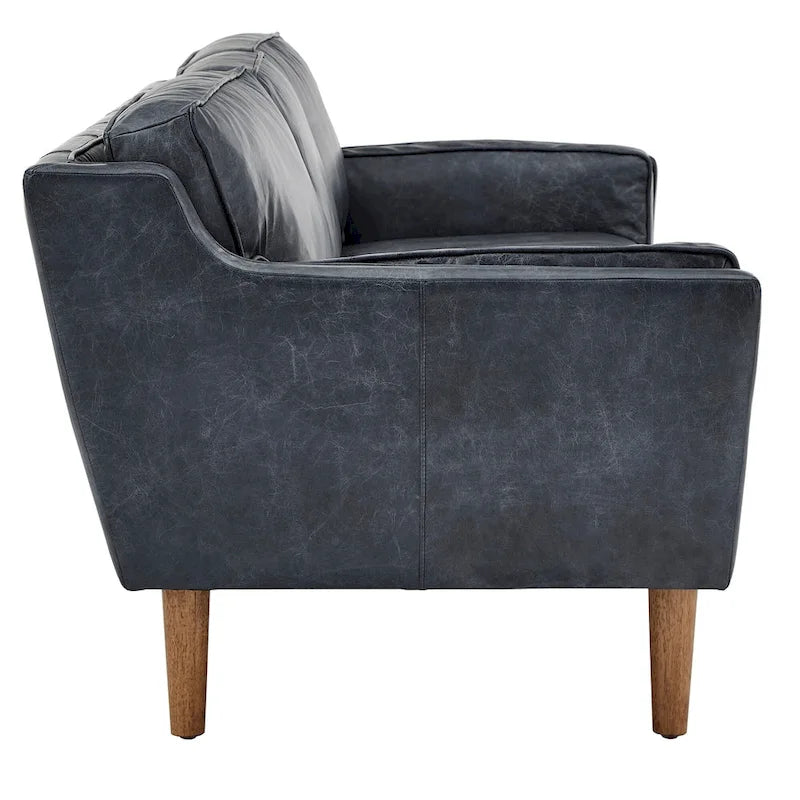 Blue Oxford Leather Sofa - 3-Seater Mid-Century Style