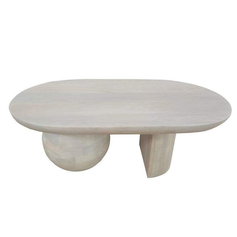 38 Inch Coffee Table, Oblong Mango Wood Top with a Modern Ball Leg