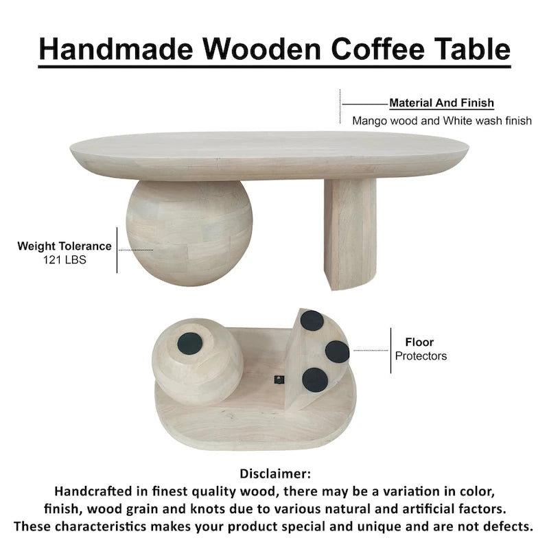 38 Inch Coffee Table, Oblong Mango Wood Top with a Modern Ball Leg