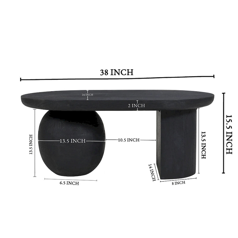 38 Inch Coffee Table, Oblong Mango Wood Top with a Modern Ball Leg