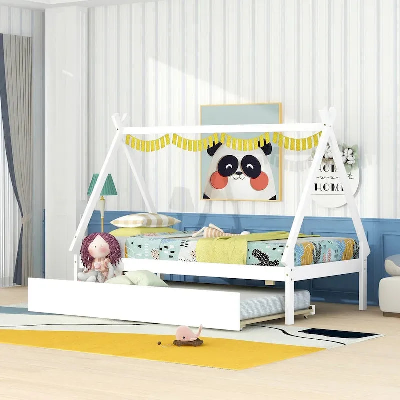 Twin size Tent Floor Teepee Bed with Trundle for bedroom