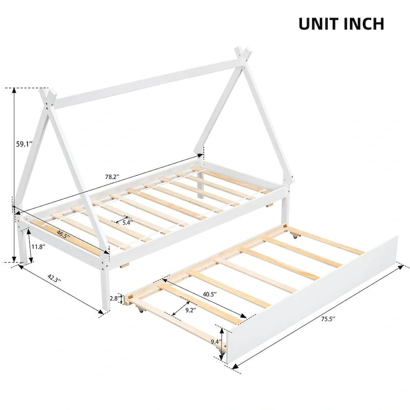 Twin size Tent Floor Teepee Bed with Trundle for bedroom