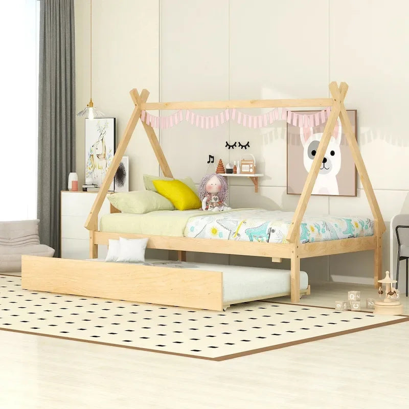 Twin size Tent Floor Teepee Bed with Trundle for bedroom