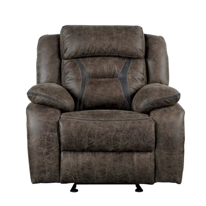 Mady 39 Inch Manual Glider Recliner Chair, Brown Microfiber, Solid Wood