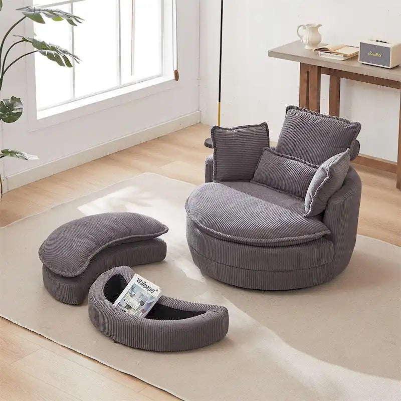 Oversized Swivel Chair with Moon Storage Ottoman with 4 Pillows