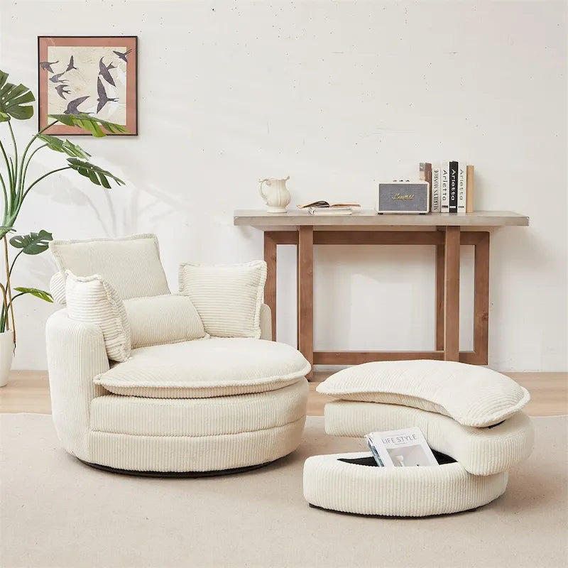Oversized Swivel Chair with Moon Storage Ottoman with 4 Pillows
