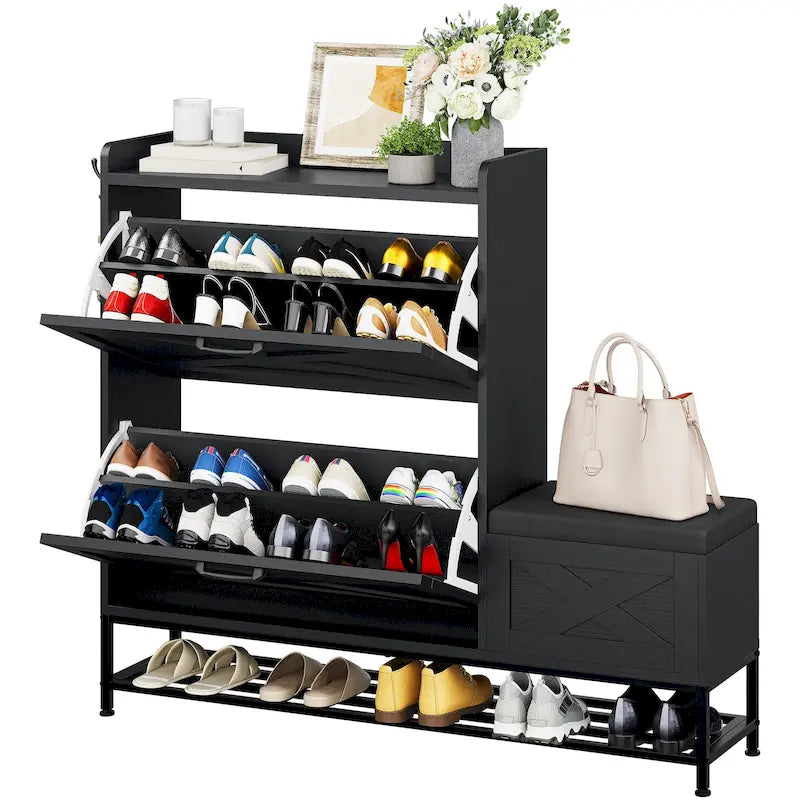 Farmhouse Shoe Storage Cabinet with Shoe Bench Entryway Shoe Storage with 2 Flip Drawers for 16 Pairs - 9.4W x 47.1L x 41.3H