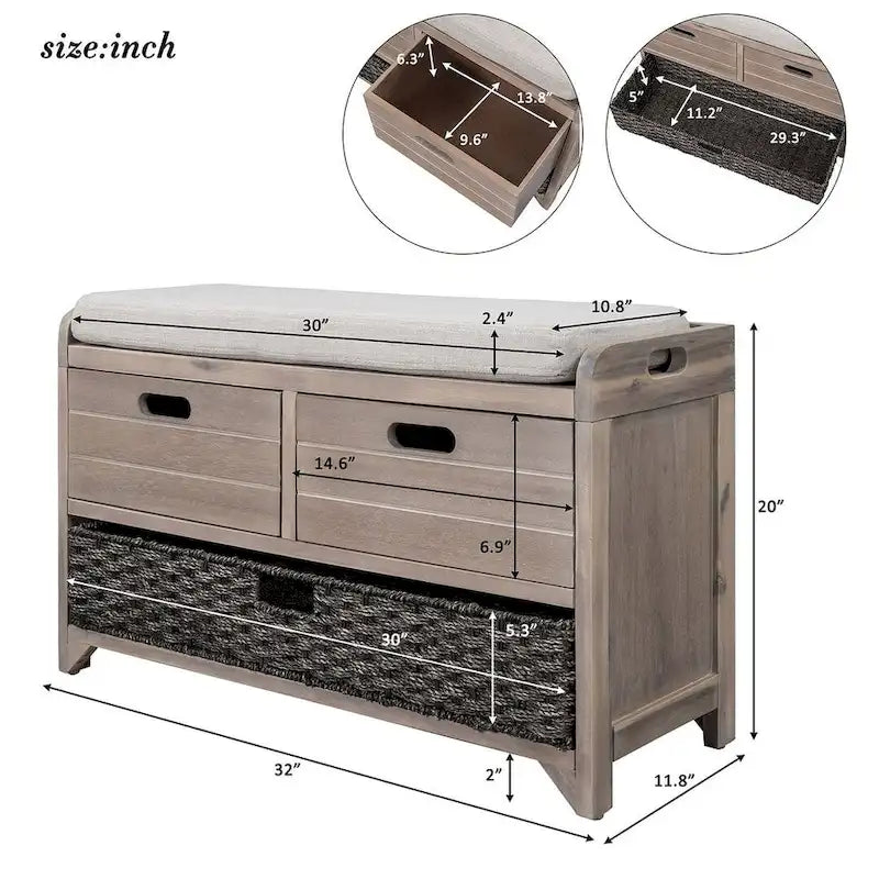 3-drawer Solid Wooden Storage Bench