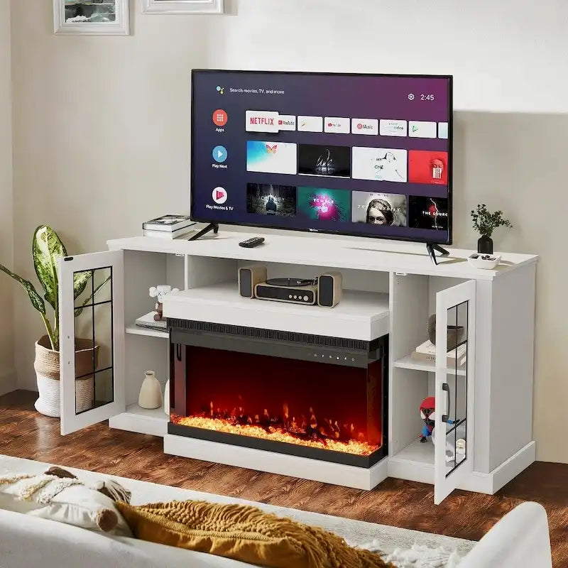 Erommy Entertainment Center with Adjustable Glass Shelves and Built-in Electric Fireplace - 70