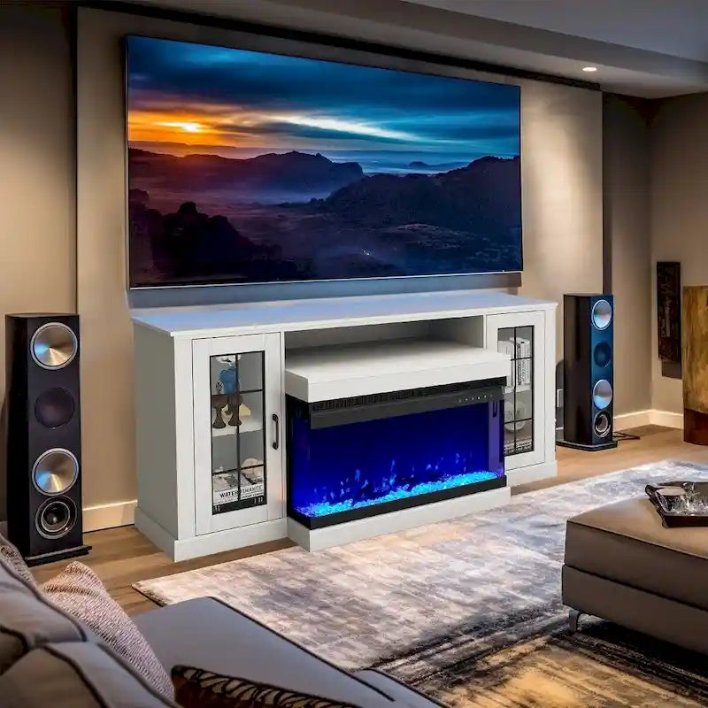 Erommy Entertainment Center with Adjustable Glass Shelves and Built-in Electric Fireplace - 70
