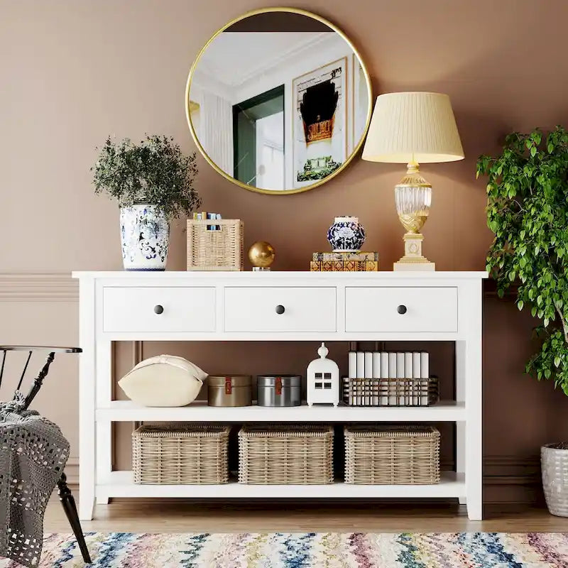 Retro Design Console Table with Two Open Shelves, Pine Solid Wood Frame and Legs for Living Room