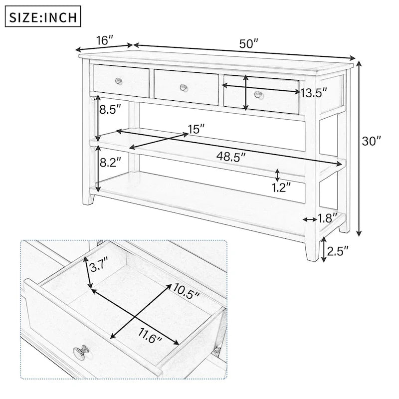 Retro Design Console Table with Two Open Shelves, Pine Solid Wood Frame and Legs for Living Room