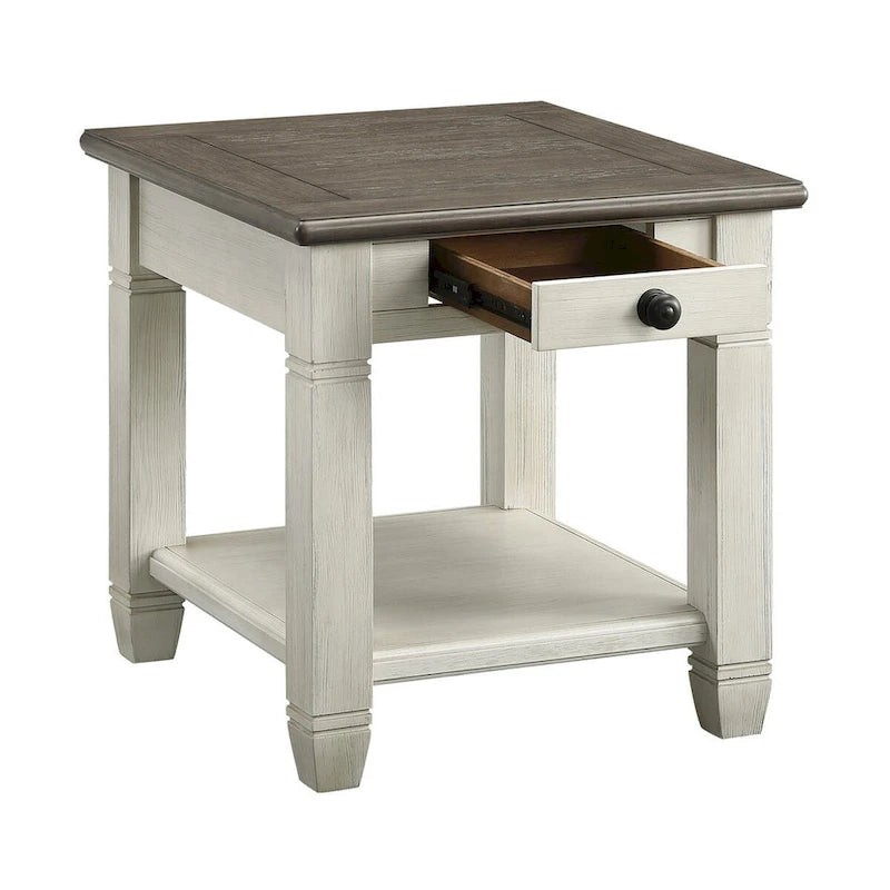 Rome 26 Inch Side End Table, Square, 1 Drawer, Brown, White, Solid Wood