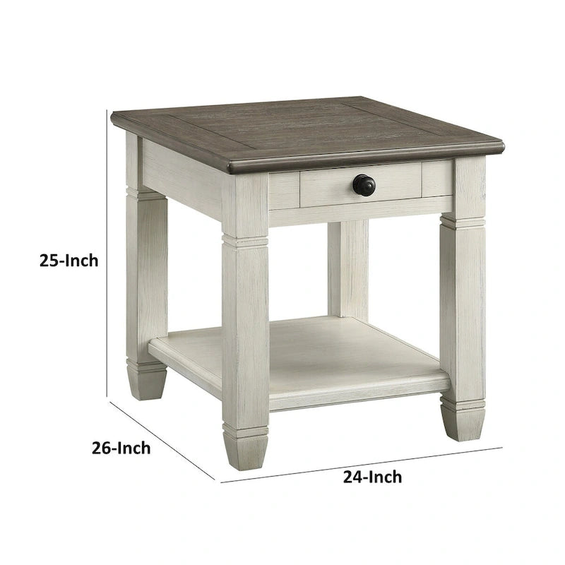 Rome 26 Inch Side End Table, Square, 1 Drawer, Brown, White, Solid Wood