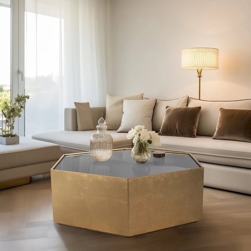 Sagebrook Home Glam Modern Wood Gold Hexagon Glass Top Coffee Table - 48 x 42 x 16