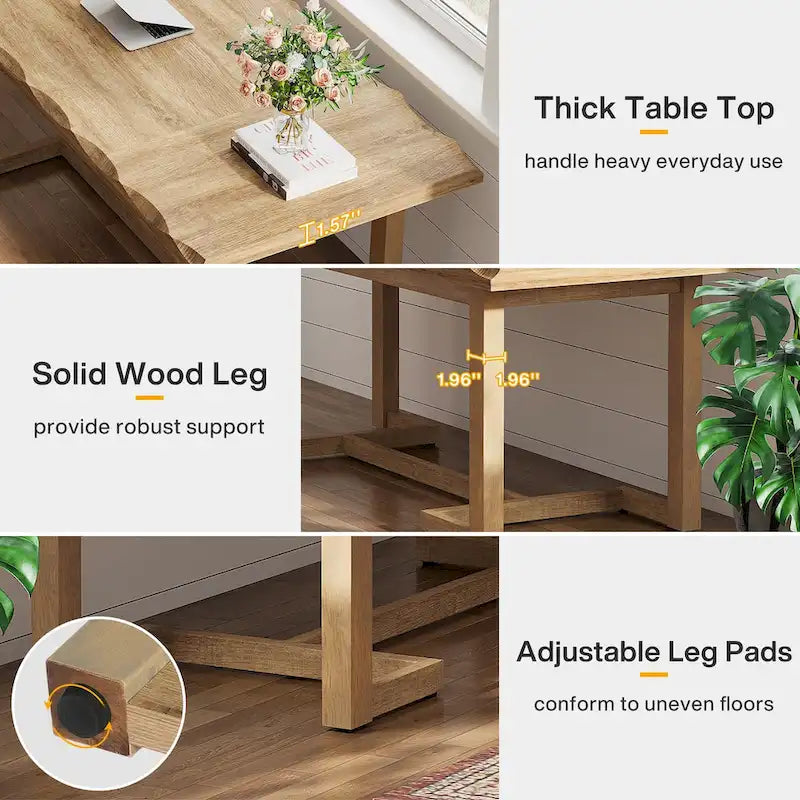 63 Inches Computer Desk, Rectangular Writing Table with Solid Wood Legs and Thickened Desktop